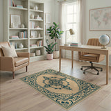 Ornate Teal Floral Medallion Beige Area Rug
