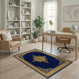 Opulent Navy Blue Gold Medallion Area Rug