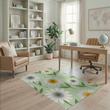 White Daisy Floral Area Rug on Mint Green