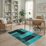 Teal and Black Geometric Block Area Rug