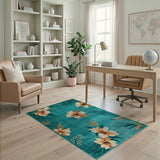Coastal Beach Teal Hibiscus Palm Leaf Coastal Area Rug