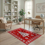 Festive Red Christmas Tree Snowflakes Area Rug