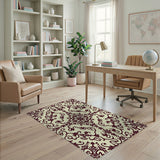Cream Burgundy Ornate Floral Area Rug