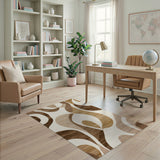 ODIKA Abstract Wavy Brown and Beige Washable Area Rug - Low Pile Non-Slip Modern Carpet