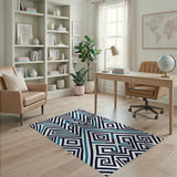Navy Teal Geometric Maze Area Rug