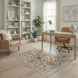 Cream Teal Ornate Persian Medallion Rug
