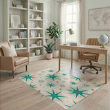ODIKA Washable Mid-Century Modern Starburst Area Rug - Teal & Cream Low Pile
