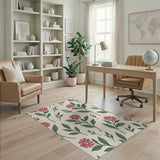 Pink Floral Vintage Area Rug with Green Leaves