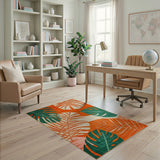 Vibrant Monstera Leaf Area Rug in Green and Orange