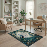 ODIKA Vintage Peacock Floral Washable Area Rug - Low Pile & Non-Slip Living Room Carpet