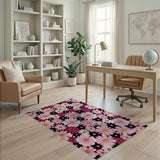 Retro Pink Daisy Floral Area Rug on Black