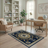 Navy Gold Compass Rose Medallion Area Rug