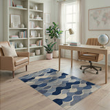 ODIKA Modern Blue Geometric Wave Washable Area Rug, Low Pile & Non-Slip