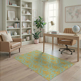 Teal Gold Ornate Damask Area Rug
