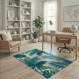 Teal Palm Leaf Coastal Beach Area Rug