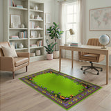 Emerald Green Area Rug with Vibrant Floral Border