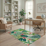 Vibrant Pink Hibiscus Green Palm Leaf Area Rug