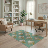 Teal Persian Palm Frond Area Rug with Gold Accents