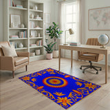 Blue Persian Floral Rug with Orange Sunburst Medallion