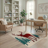 Red Stag Silhouette with Teal Pines Area Rug