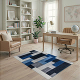 Modern Geometric Blue Grey Block Area Rug