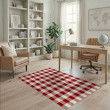 ODIKA Red and Cream Gingham Washable Area Rug - Low Pile, Non-Slip, Pet & Kid Friendly