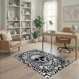 Ornate Skull Mandala Black White Area Rug