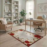 ODIKA Washable Vintage Floral Border Area Rug - Low Pile Non-Slip Red & Gold