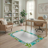 Teal Floral Leaf Scalloped Border Area Rug