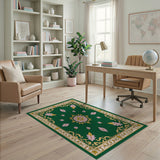 Ornate Green Persian Rug with Pink Floral Medallion