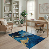 Navy Blue Gold Abstract Wave Area Rug