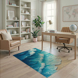 ODIKA Washable Coastal Ocean Wave Area Rug, Teal Blue Non-Slip Low Pile