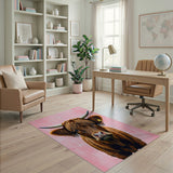Shaggy Highland Cow Portrait Pink Area Rug