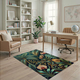 Teal Gold Tropical Palm Orchid Area Rug
