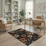 Navy Floral Vintage Area Rug with Beige Blooms