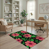 Vibrant Pink Hibiscus Floral Area Rug on Black