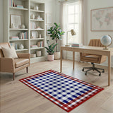 Red Border Blue Checkered Washable Area Rug