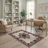 Ornate Maroon Border Beige Persian Area Rug
