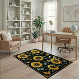 Vibrant Sunflower Butterfly Black Area Rug
