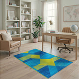 Vibrant Blue Teal Geometric Area Rug with Yellow Accents