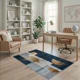 Navy Blue and Gold Geometric Modern Area Rug