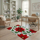 Red Festive Red Poinsettia Floral Area Rug