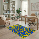 Yellow Swirl Abstract Area Rug on Deep Blue