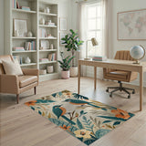 Teal Kingfisher Pair with Tropical Leaves Blooms Rug