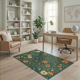 Teal Floral Vintage Area Rug with Orange Blooms