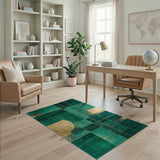 Emerald Green Geometric Abstract Area Rug with Gold Accents