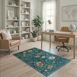 Teal Persian Floral Area Rug with Coral Poppies