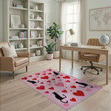 Whimsical Black Cat Hearts Pink Woven Rug