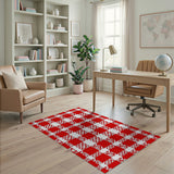 Bold Red White Checkered Star Pattern Area Rug