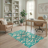 Teal Wavy Abstract Area Rug on Cream